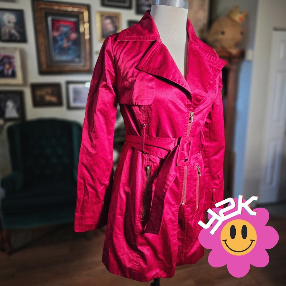 Vintage‎ Y2K Rampage Magenta Pink Metallic Zip Front Belted Trench Coat Jacket